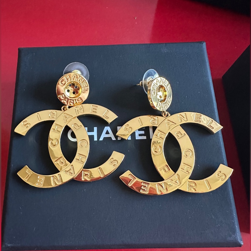 Chanel Paris gold button dangle drop earrings
